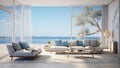Luxurious living room with windows looking out in the style of seascapes with air beach scenes
