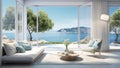 Luxurious living room with windows looking out in the style of seascapes with air beach scenes