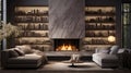 Luxurious livingroom fireplace with marble accent ai generated background image Royalty Free Stock Photo