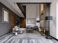 Luxurious lof interior design living room in a hipster style with gray furniture and walls and a creative cabinet under the TV