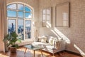 luxurious loft apartment with arched window and panoramic view over urban downtown noble interior living room design mock up 3D Royalty Free Stock Photo