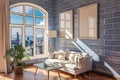 luxurious loft apartment with arched window and panoramic view over urban downtown noble interior living room design mock up 3D Royalty Free Stock Photo