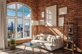 luxurious loft apartment with arched window and panoramic view over urban downtown noble interior living room design mock up 3D Royalty Free Stock Photo