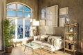 luxurious loft apartment with arched window and panoramic view over urban downtown noble interior living room design mock up 3D Royalty Free Stock Photo