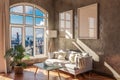 luxurious loft apartment with arched window and panoramic view over urban downtown noble interior living room design mock up 3D Royalty Free Stock Photo