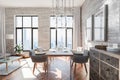 luxurious loft apartment with floor-to-ceiling windows and panoramic view modern minimalistic interior design of dining room area