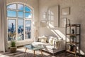 luxurious loft apartment with arched window and panoramic view over urban downtown noble interior living room design mock up 3D Royalty Free Stock Photo