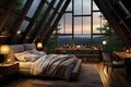 Luxurious loft Dark attic master bedroom with large windows