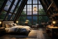 Luxurious loft Dark attic master bedroom with large windows