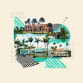 Luxurious mansion in Miami Beach, florida, U.S.A Creative contemporary art collage or design. Royalty Free Stock Photo