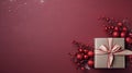 Luxurious Maroon Christmas Gift Box With Festive Berries On Red Background Royalty Free Stock Photo