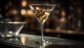 A luxurious martini glass with a single olive, pouring vermouth generated by AI