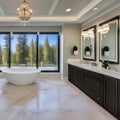 17 A luxurious master bathroom with a double vanity, marble tile, and a freestanding tub3, Generative AI Royalty Free Stock Photo