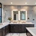 17 A luxurious master bathroom with a double vanity, marble tile, and a freestanding tub1, Generative AI Royalty Free Stock Photo