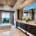 A luxurious master bathroom with a jacuzzi tub, a double vanity, and a rainfall shower2, Generative AI