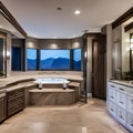 A luxurious master bathroom with a jacuzzi tub, a double vanity, and a rainfall shower5, Generative AI Royalty Free Stock Photo