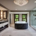 A luxurious master bathroom with a jacuzzi tub, a double vanity, and a rainfall shower4, Generative AI Royalty Free Stock Photo