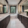 A luxurious master bathroom with marble countertops, a soaking tub, and a rainfall shower2