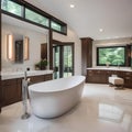 A luxurious master bathroom with marble countertops, a soaking tub, and a rainfall shower1