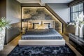 Luxurious master bedroom in black, blue and grey Royalty Free Stock Photo