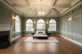 Luxurious master bedroom boasts custom wainscoting, fresh paint, and hardwood