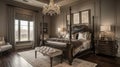 Luxurious master bedroom boasts a four-poster bed, velvet bedding, and classic chandelier lighting against dark wood Royalty Free Stock Photo