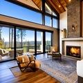 A luxurious master bedroom with a canopy bed, a cozy sitting area by the fireplace, and floor-to-ceiling windows overlooking a s Royalty Free Stock Photo