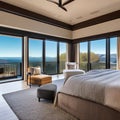 A luxurious master bedroom with a canopy bed, a cozy sitting area by the fireplace, and floor-to-ceiling windows overlooking a s Royalty Free Stock Photo