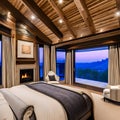 A luxurious master bedroom with a canopy bed, a cozy sitting area by the fireplace, and floor-to-ceiling windows overlooking a s Royalty Free Stock Photo