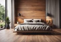 Luxurious master bedroom featuring a large, wooden bed and gleaming hardwood flooring, AI-generated. Royalty Free Stock Photo