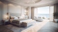 Luxurious master bedroom with king-size bed and ocean view through window. AI generated.