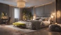 A luxurious master bedroom with neon accents on the