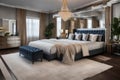 luxurious master bedroom with a walk-in closet, an ensuite bathroom, and a sitting area Royalty Free Stock Photo