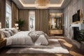 luxurious master bedroom with a walk-in closet, an ensuite bathroom, and a sitting area Royalty Free Stock Photo