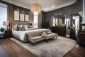 a luxurious master bedroom with a walk-in closet, an ensuite bathroom, and a sitting area Royalty Free Stock Photo