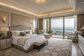 Luxurious Master Suite with King Bed and Panoramic Views Royalty Free Stock Photo