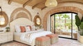 Luxurious Mediterranean bedroom, pool view, interior design Royalty Free Stock Photo