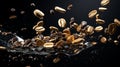 Luxurious metallic coffee beans in silver and gold suspended against black backdrop Royalty Free Stock Photo