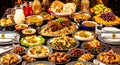 AI-generated Luxurious Middle Eastern Feast With Dishes, Bread, Fruit, and Beverages on an Ornate Table Royalty Free Stock Photo