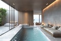 Luxurious minimalist bathroom interior featuring plunge pool and bathtub lounge area