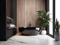 luxurious minimalist black and wood bathroom, with furnishing accessories, tub and shower created with artificial intelligence, Royalty Free Stock Photo