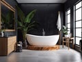 luxurious minimalist black and wood bathroom, with furnishing accessories, tub and shower created with artificial intelligence, Royalty Free Stock Photo