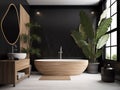 luxurious minimalist black and wood bathroom, with furnishing accessories, tub and shower created with artificial intelligence, Royalty Free Stock Photo