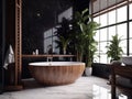 luxurious minimalist black and wood bathroom, with furnishing accessories, tub and shower created with artificial intelligence, Royalty Free Stock Photo