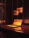 Luxurious minimalist room featuring a golden laptop and digital data display in a high-tech environment