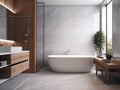 luxurious minimalist white and wood bathroom, with furnishing accessories, tub and shower created with artificial intelligence, Royalty Free Stock Photo