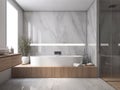 luxurious minimalist white and wood bathroom, with furnishing accessories, tub and shower created with artificial intelligence, Royalty Free Stock Photo