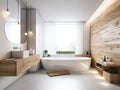 luxurious minimalist white and wood bathroom, with furnishing accessories, tub and shower created with artificial intelligence, Royalty Free Stock Photo