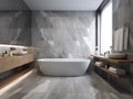 luxurious minimalist white and wood bathroom, with furnishing accessories, tub and shower created with artificial intelligence, Royalty Free Stock Photo