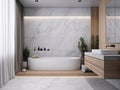 luxurious minimalist white and wood bathroom, with furnishing accessories, tub and shower created with artificial intelligence, Royalty Free Stock Photo